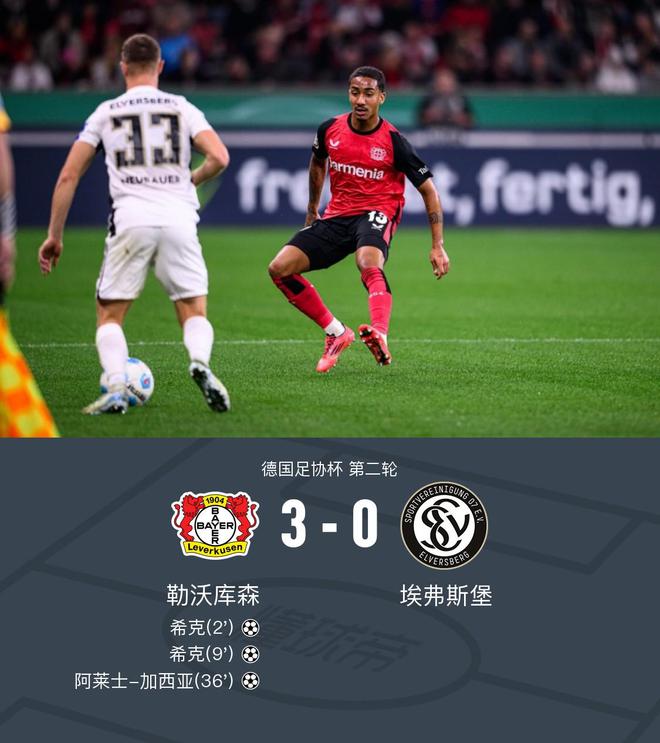 勒沃库森3-0埃弗斯堡，希克双响，加西亚世界波。