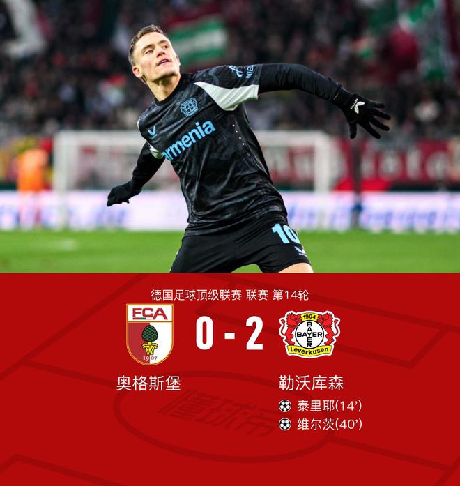 勒沃库森2-0奥格斯堡，七连胜，维尔茨功不可没。